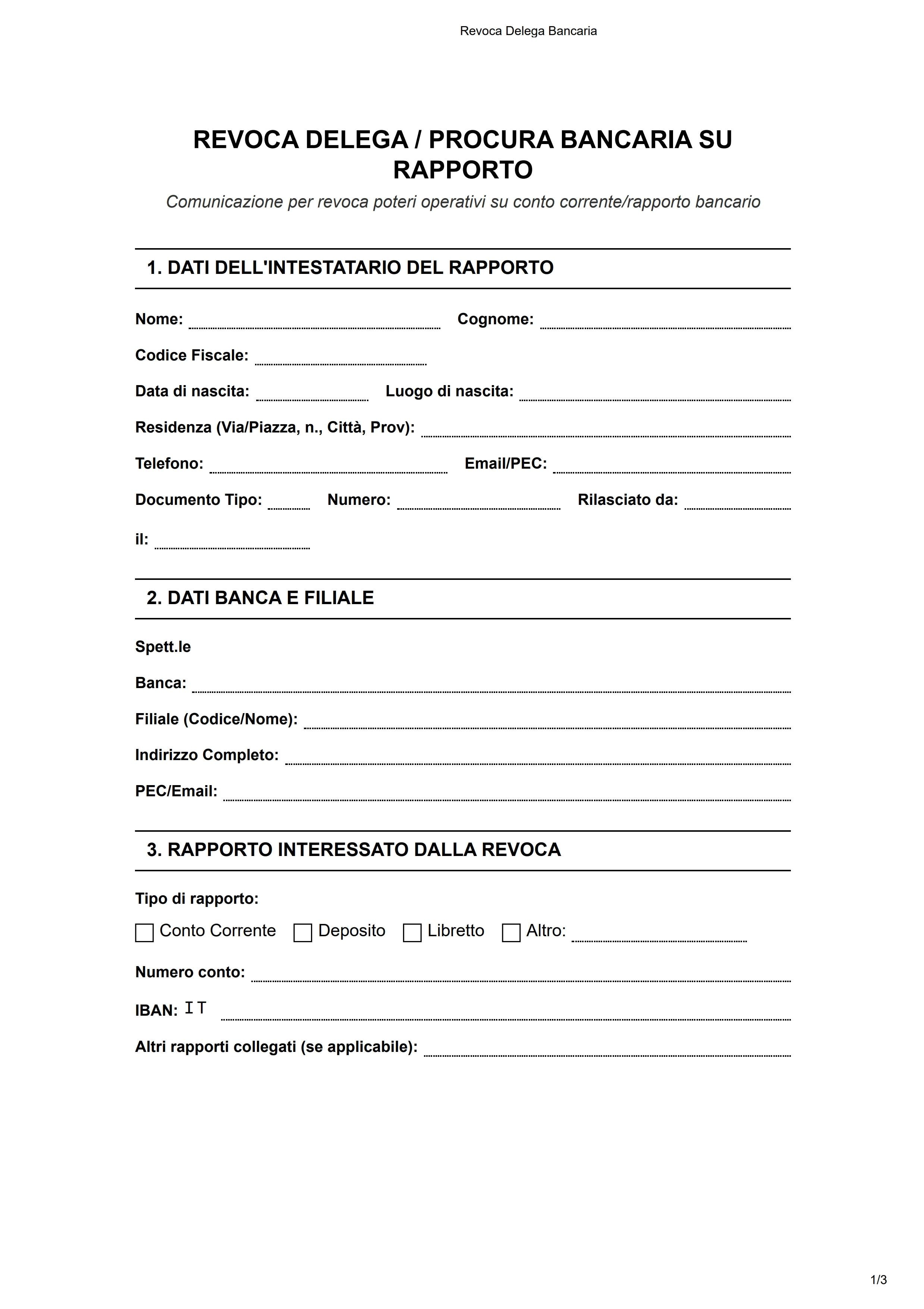 Modulo di Revoca della Procura bancaria