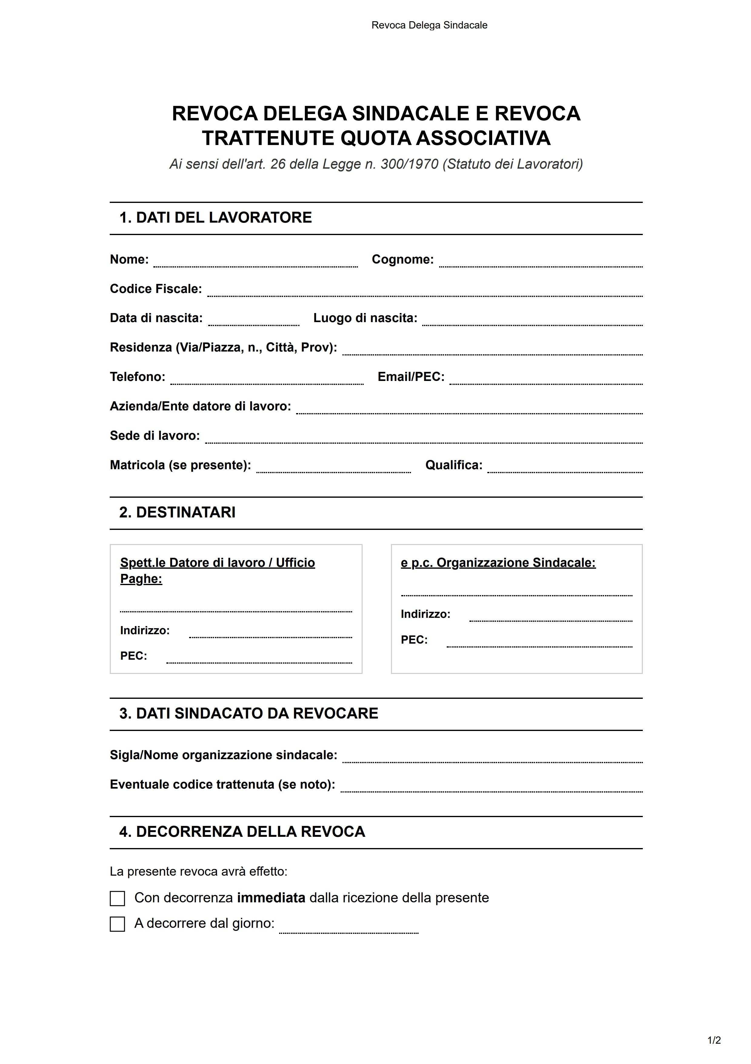 Modulo di Revoca della Procura sindacale