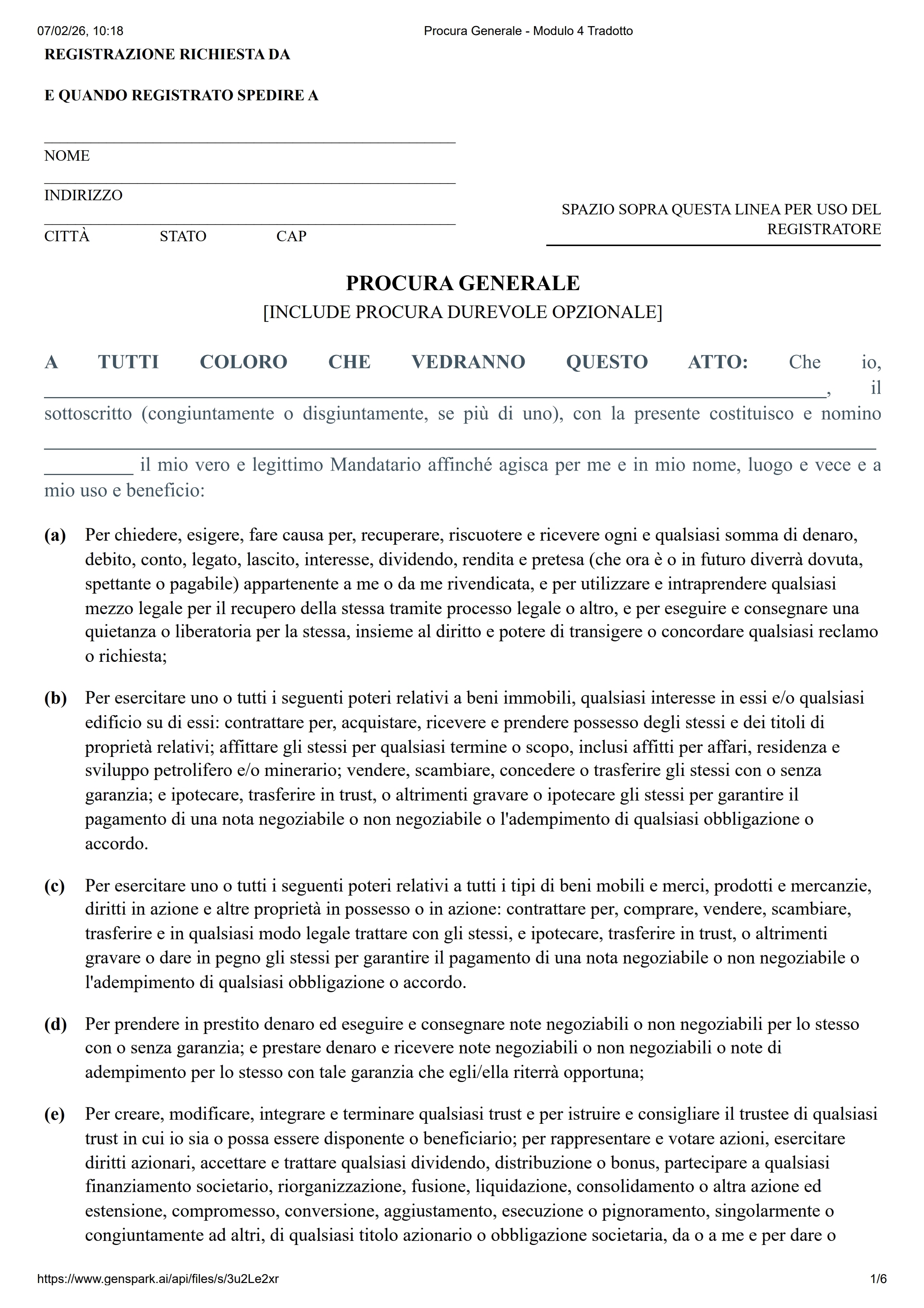 Modello di Procura Generale