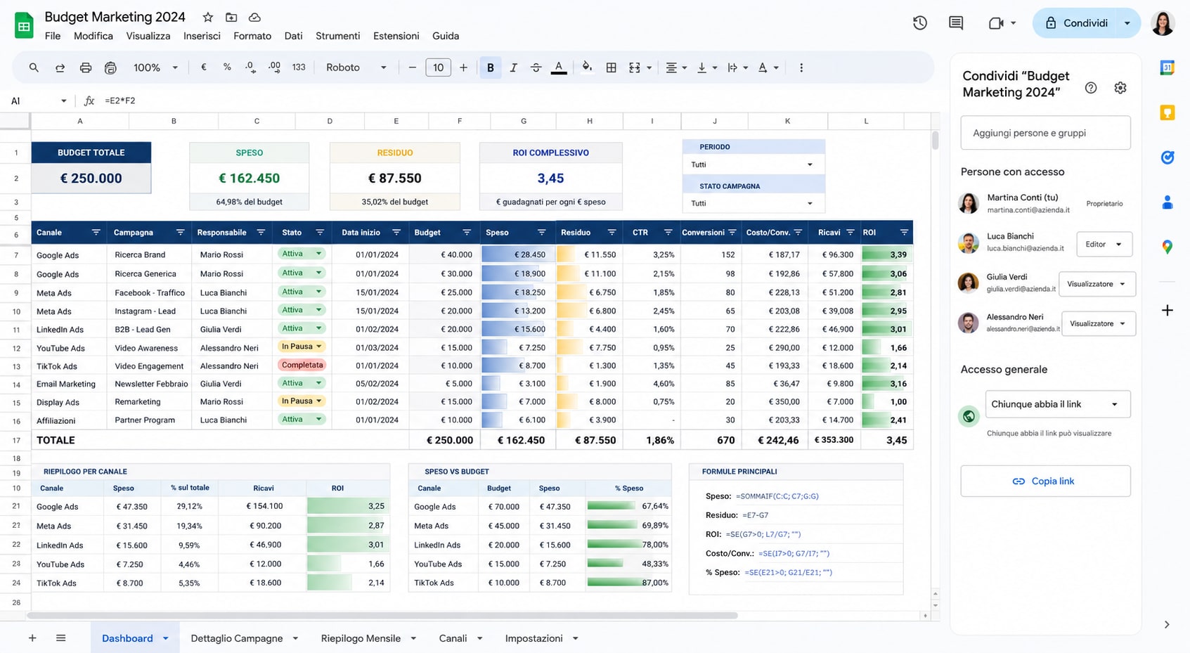 foglio di calcolo in Google Sheets con formule, filtri e opzioni di condivisione