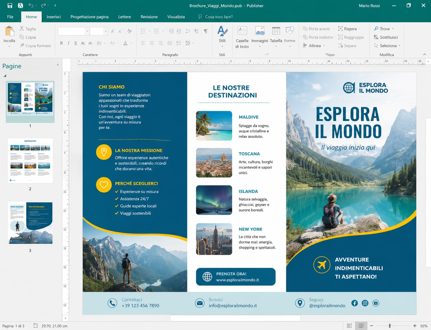 layout di brochure in un software di impaginazione semplice simile a Microsoft Publisher