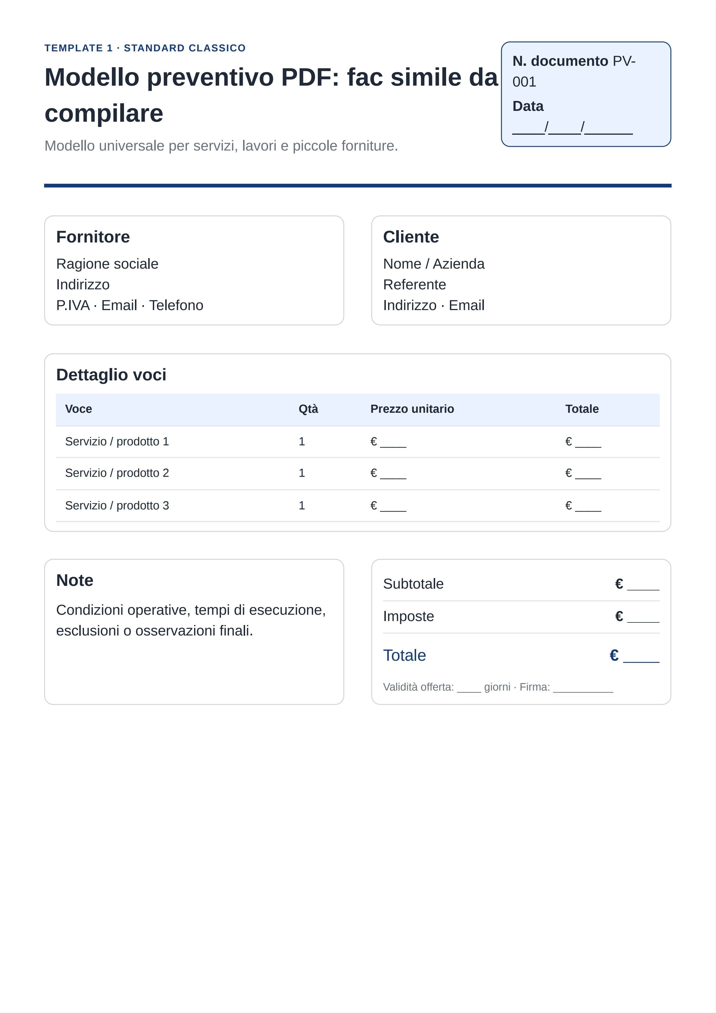 Modello preventivo PDF: fac simile da compilare