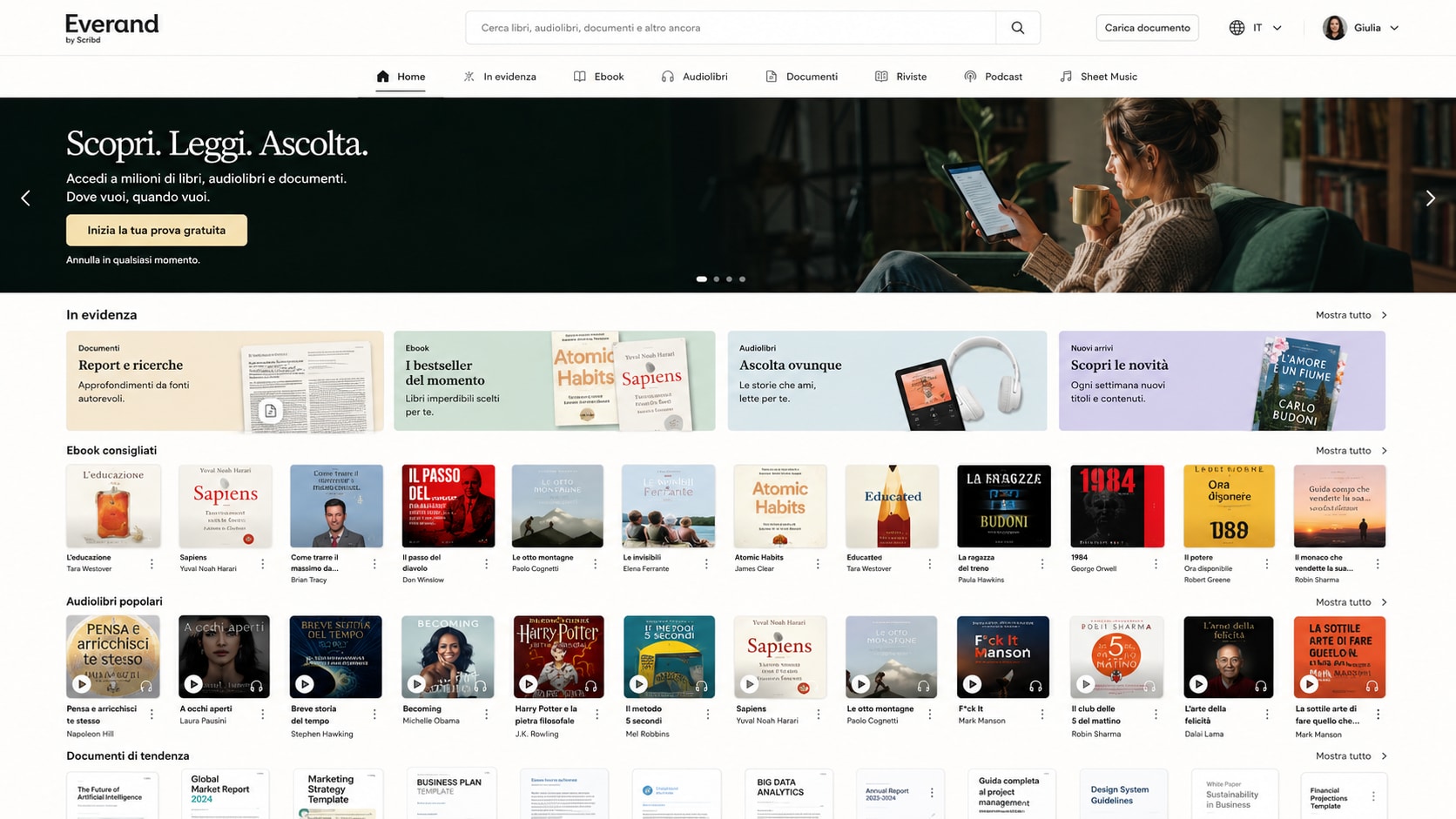 piattaforma di lettura digitale con libreria di documenti ebook e audiolibri simile a Scribd