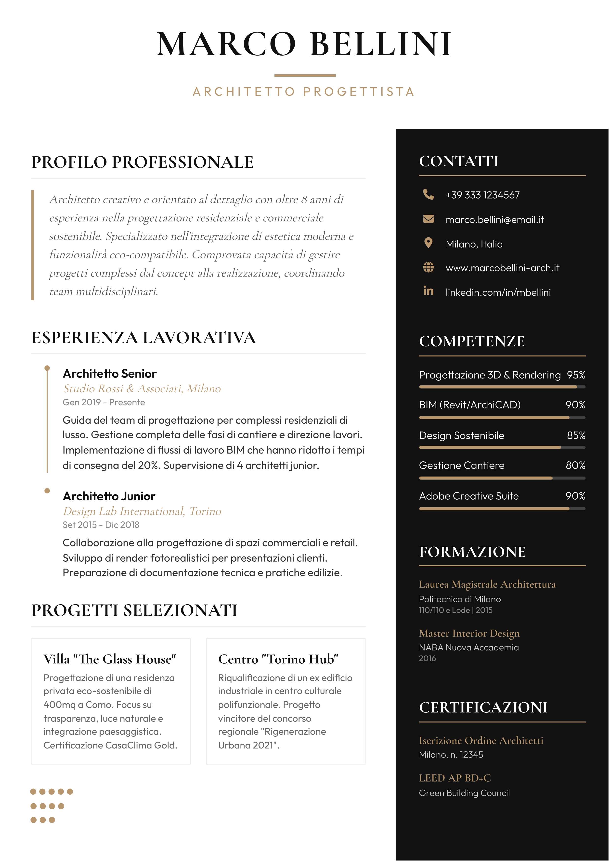 Curriculum Vitae Architetto: esempio professionale