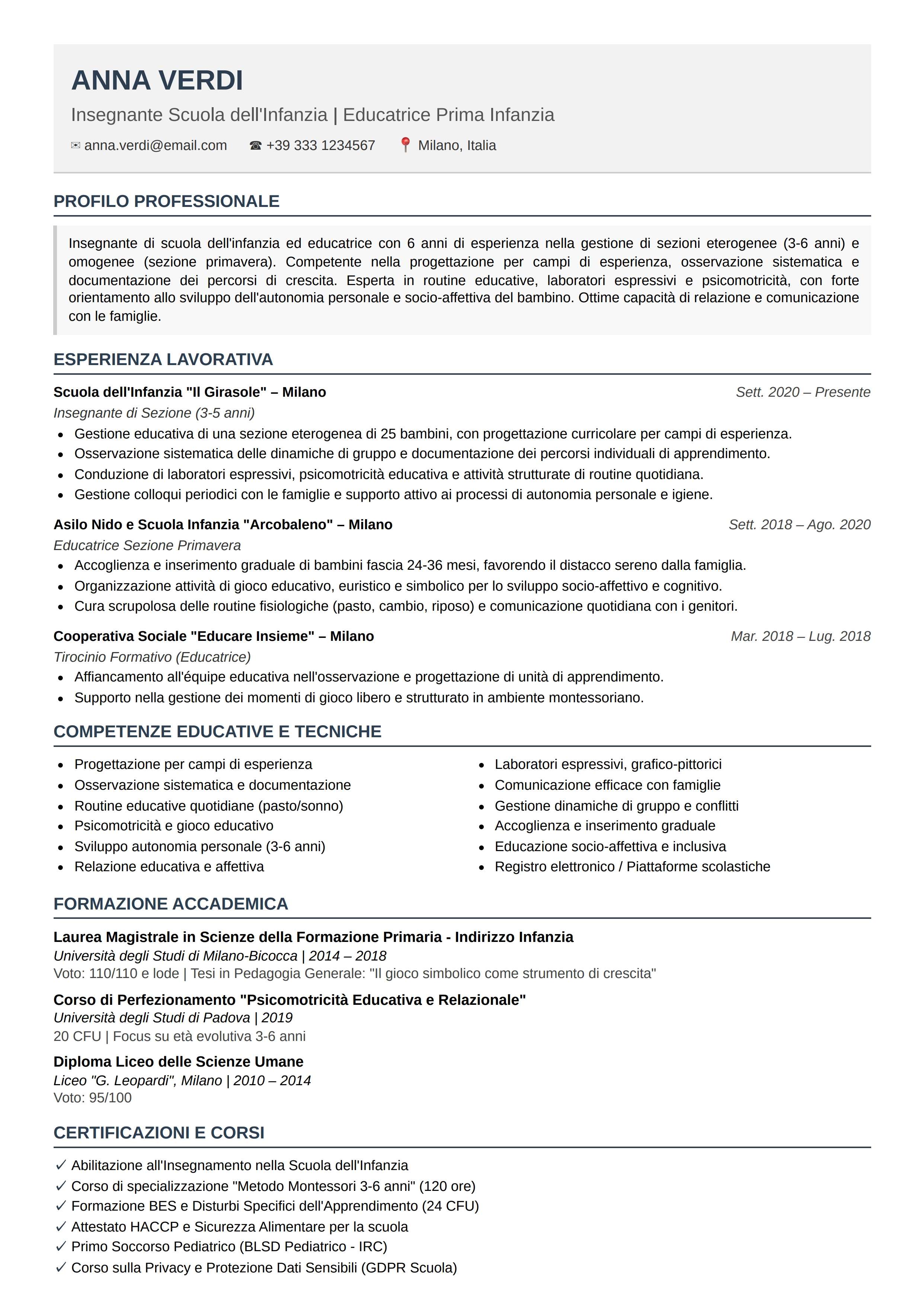 Curriculum Vitae Insegnante: esempio e modello da scaricare