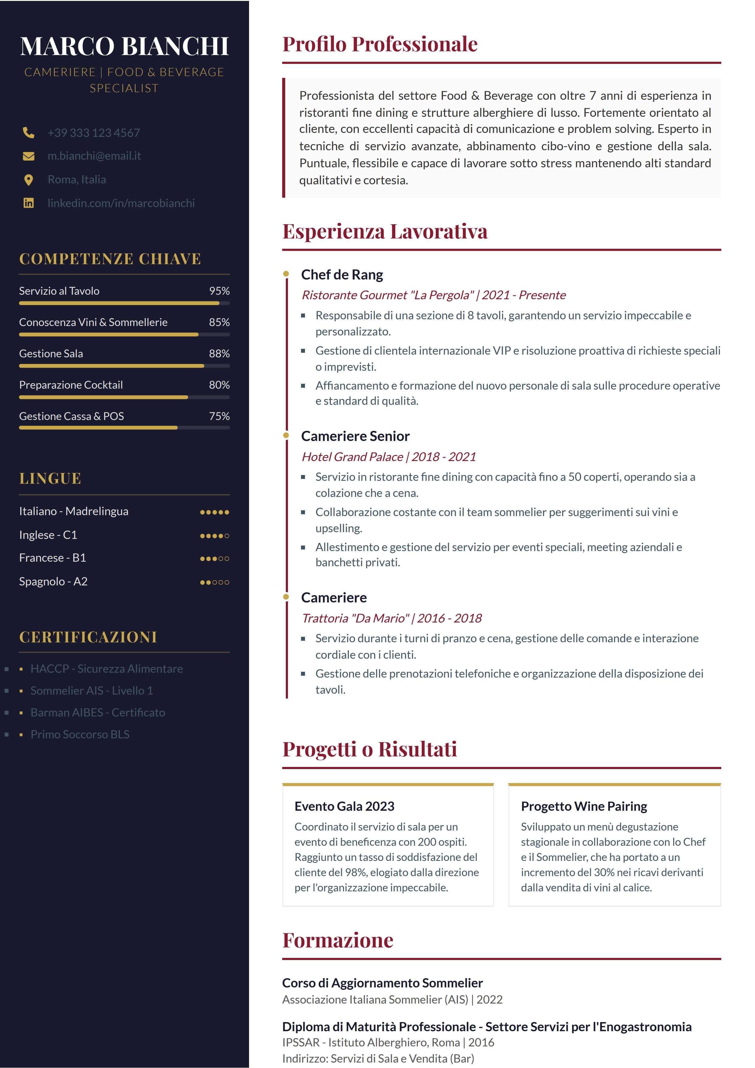 Curriculum Vitae Cameriere: esempio per curriculum vitae per cameriere