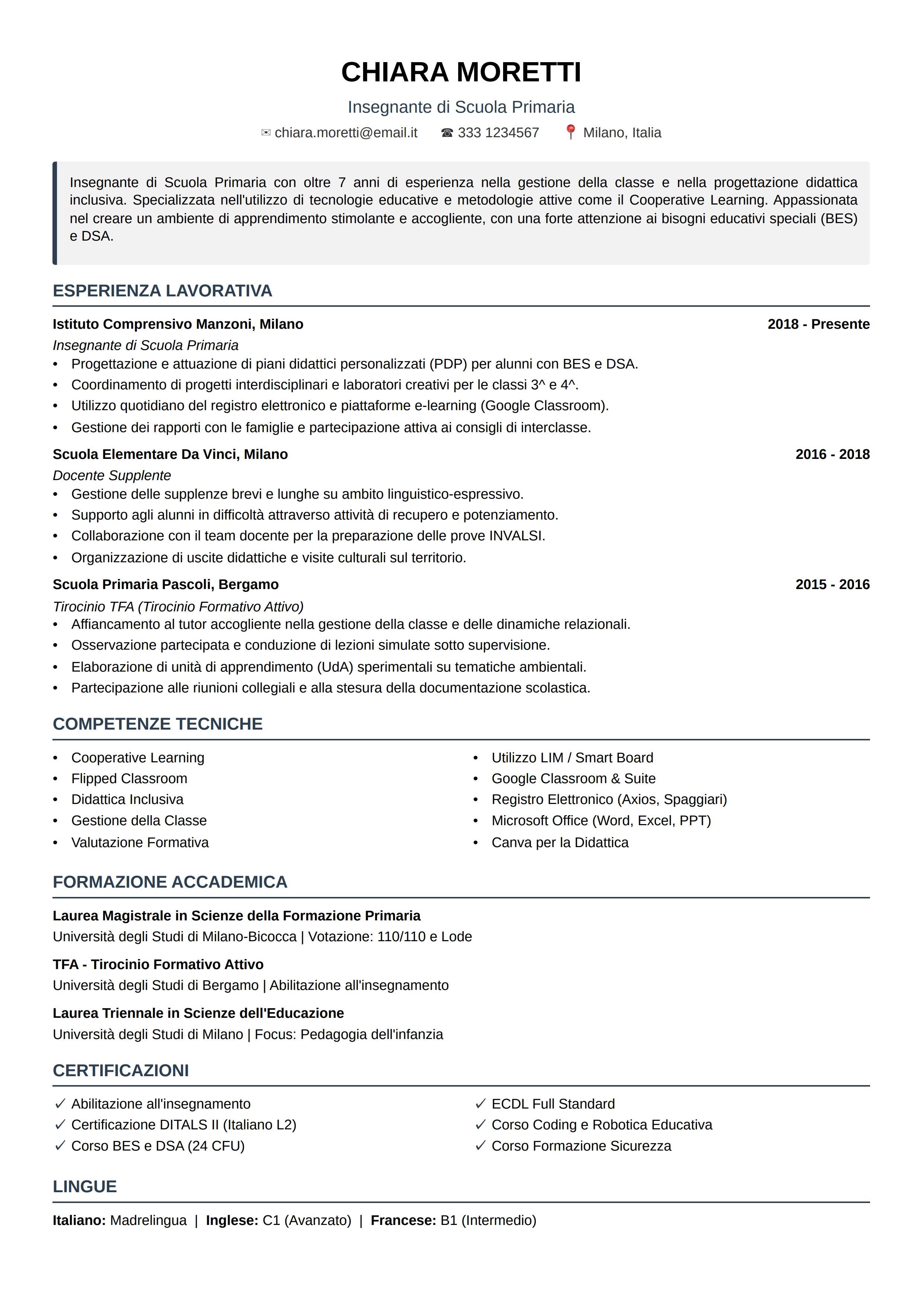 Curriculum Vitae Docente PDF: esempio e modello