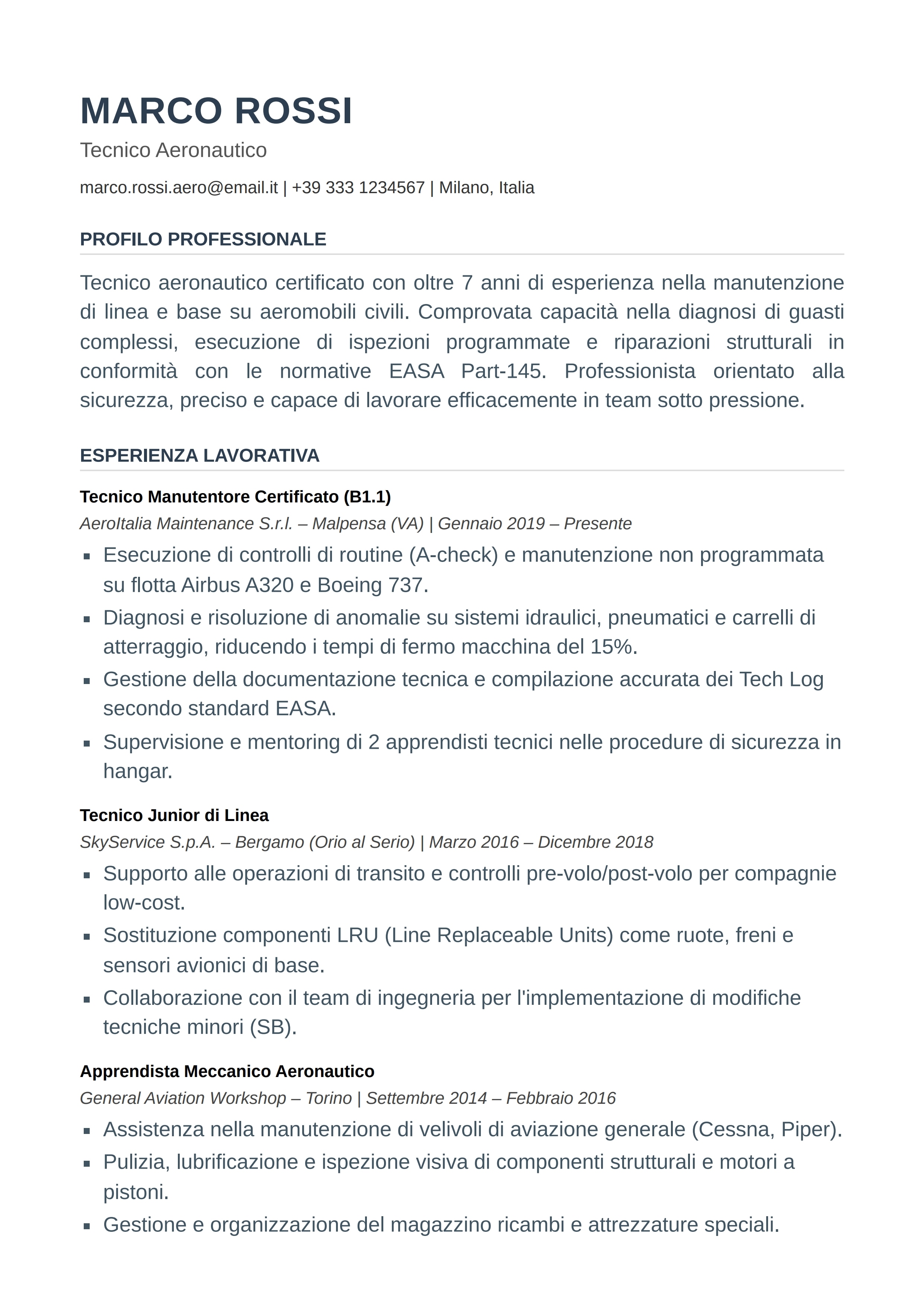 Curriculum Vitae Tecnico Aeronautico: esempio e template PDF