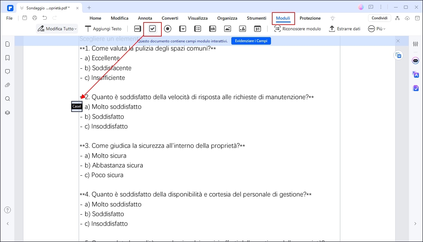 come inserire spunta su pdf