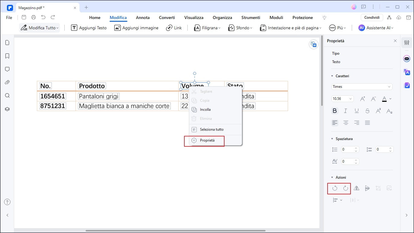 ruotare le tabelle su pdf