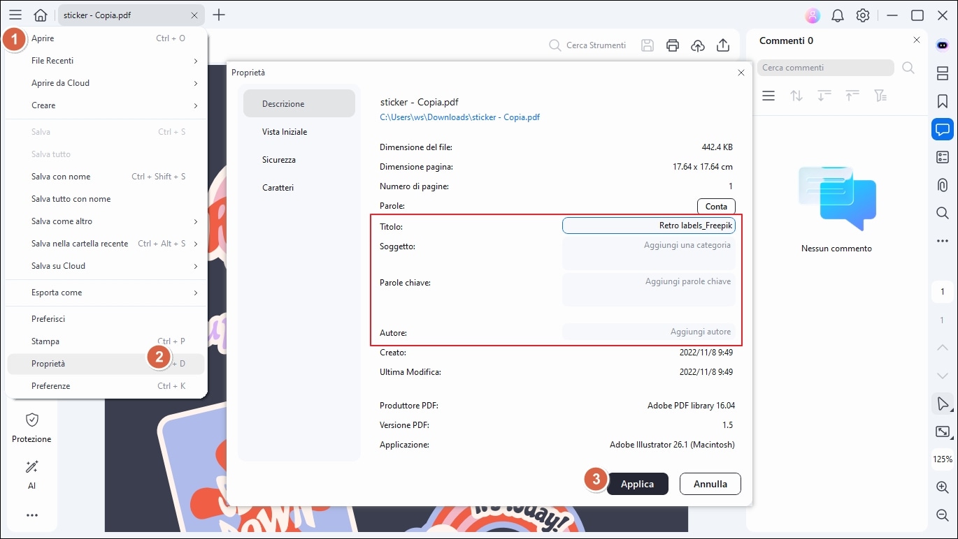 modifica metadati di pdf