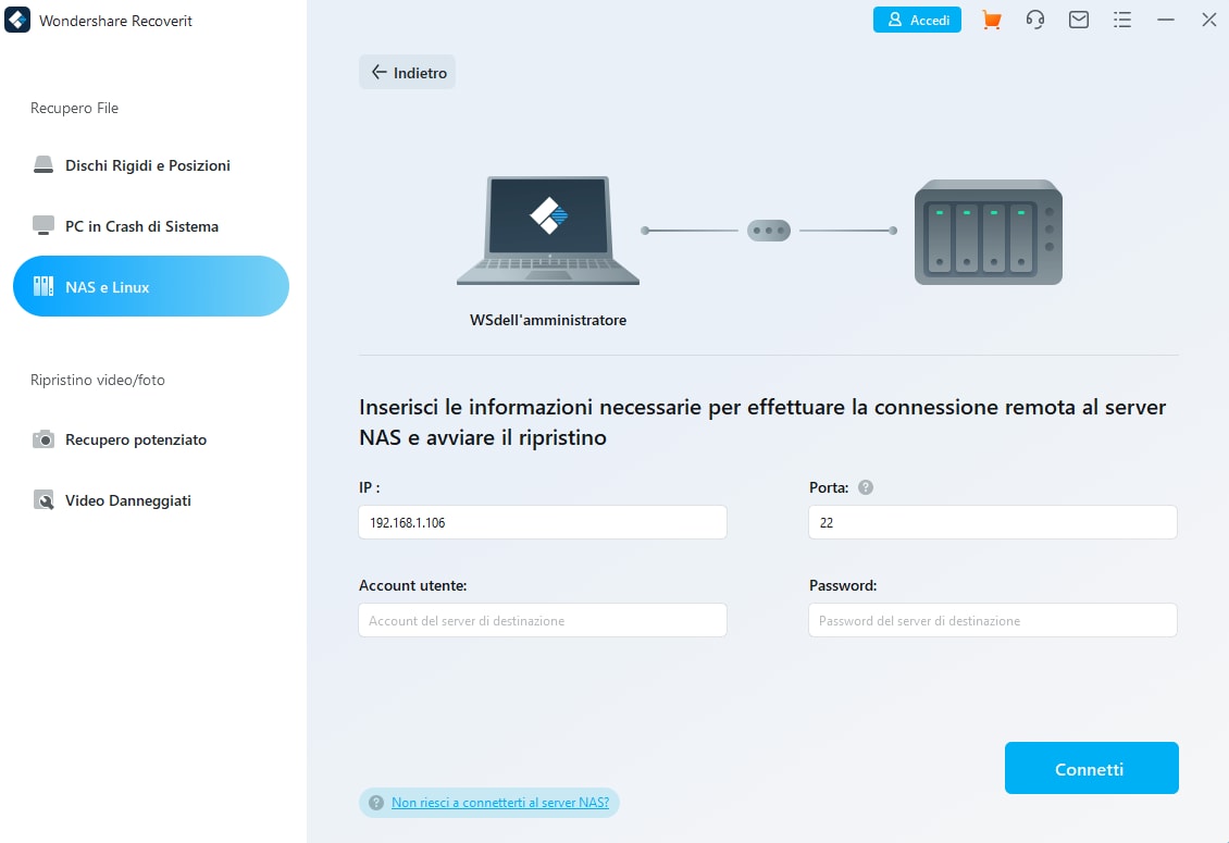 collegare il nas server a recoverit