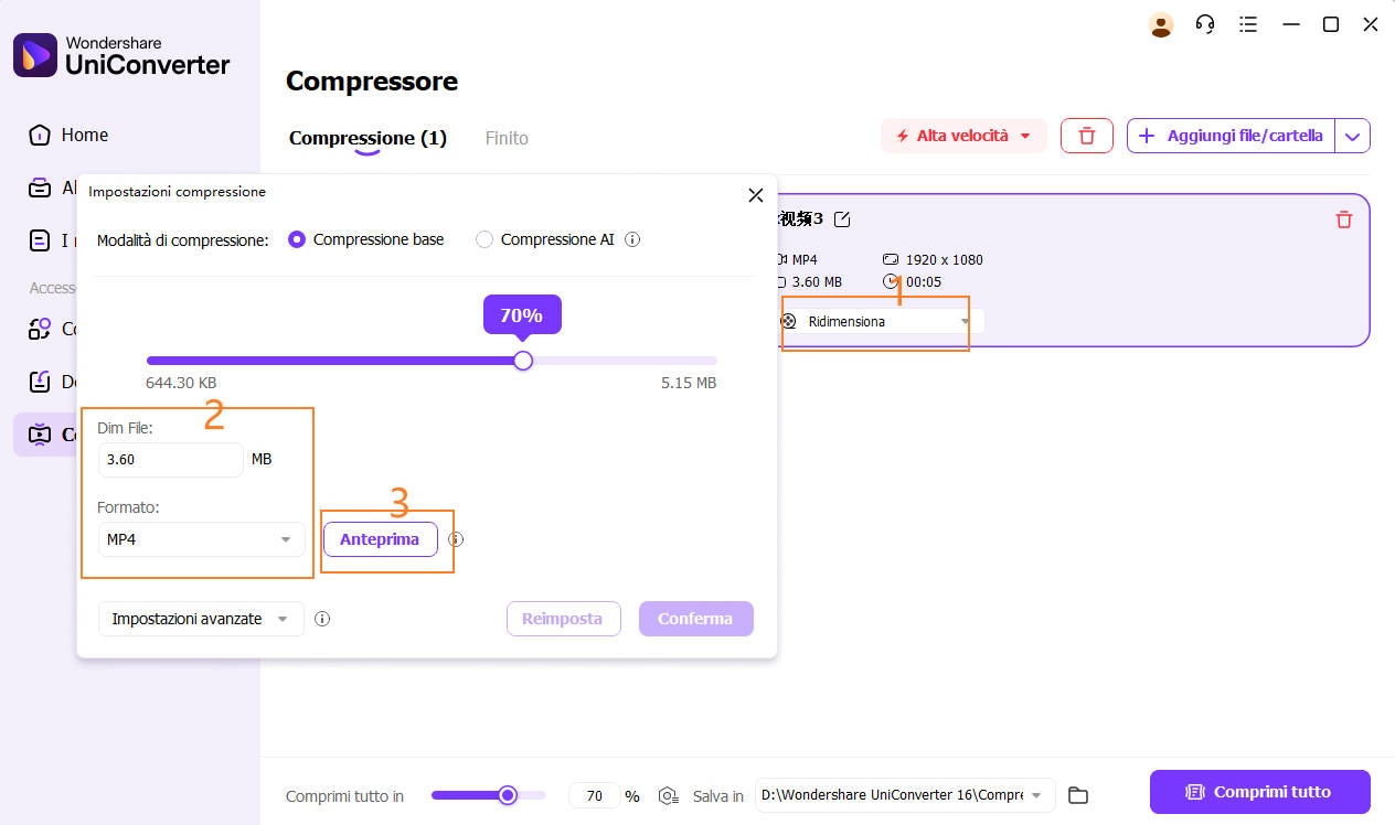 definisci le impostazioni di base per la compressione dei file