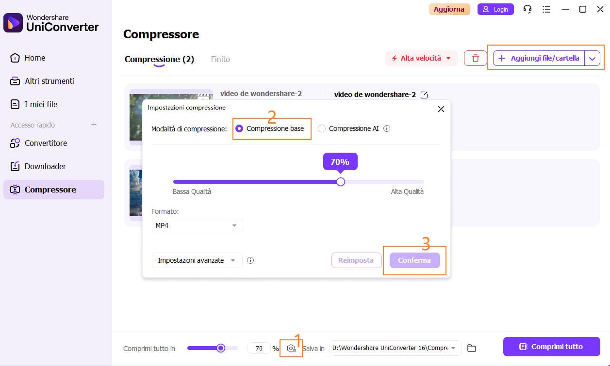 gestisci le impostazioni di compressione in uniconverter