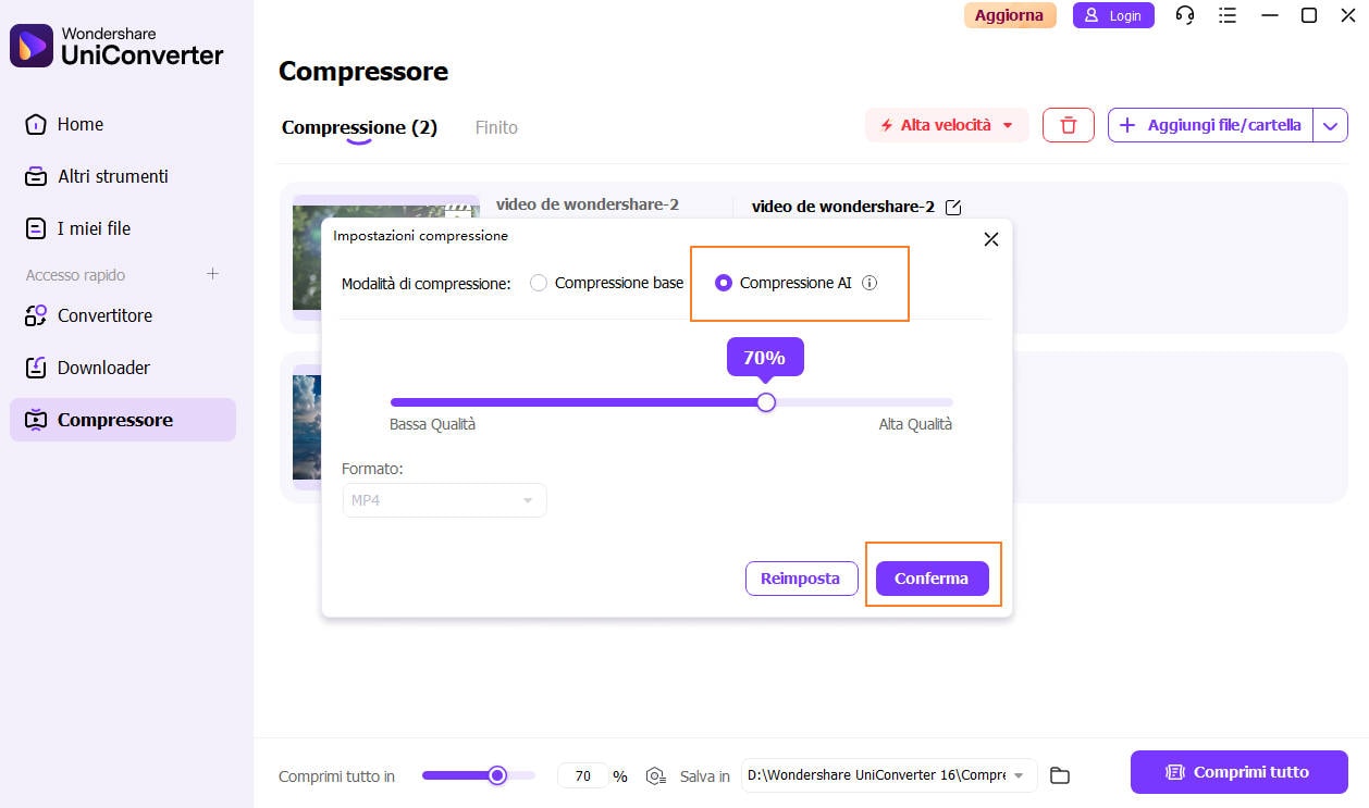 utilizza la funzione compressione ai