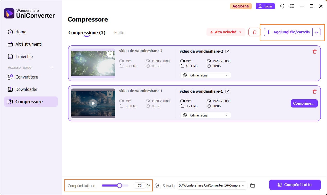 gestisci la compressione tramite slider