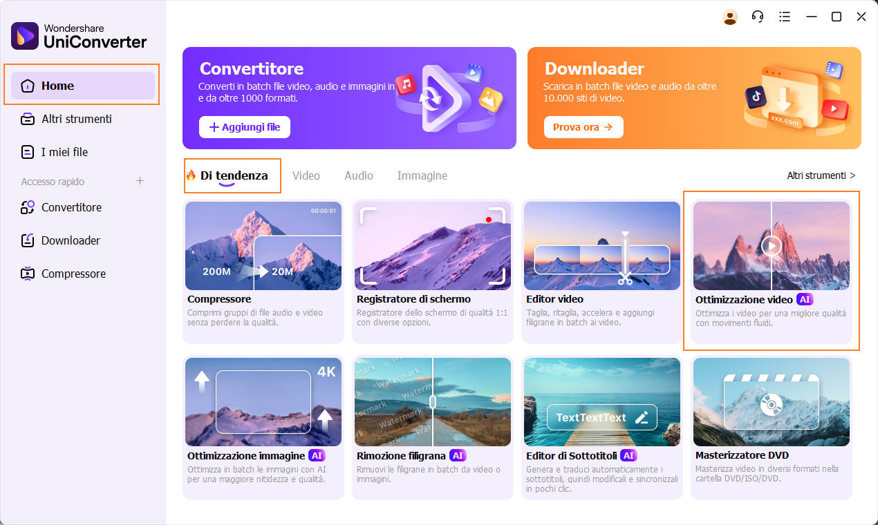 Avvia Wondershare UniConverter e seleziona Migliora video AI