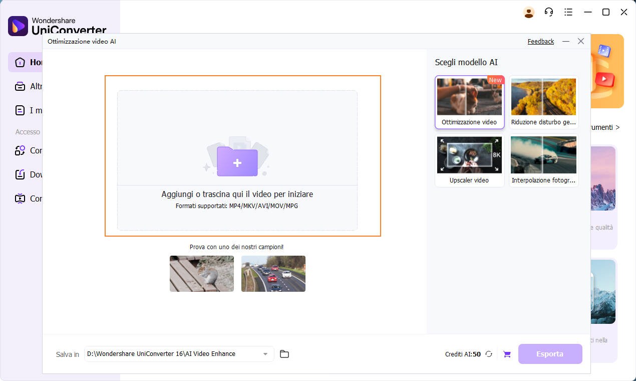Aggiungi file a Migliora video AI di Uniconverter