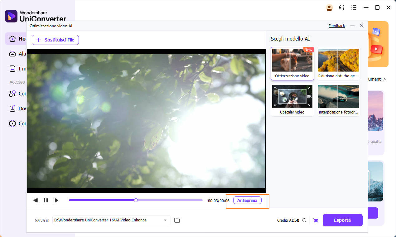Seleziona il modello Migliora video AI di Uniconverter